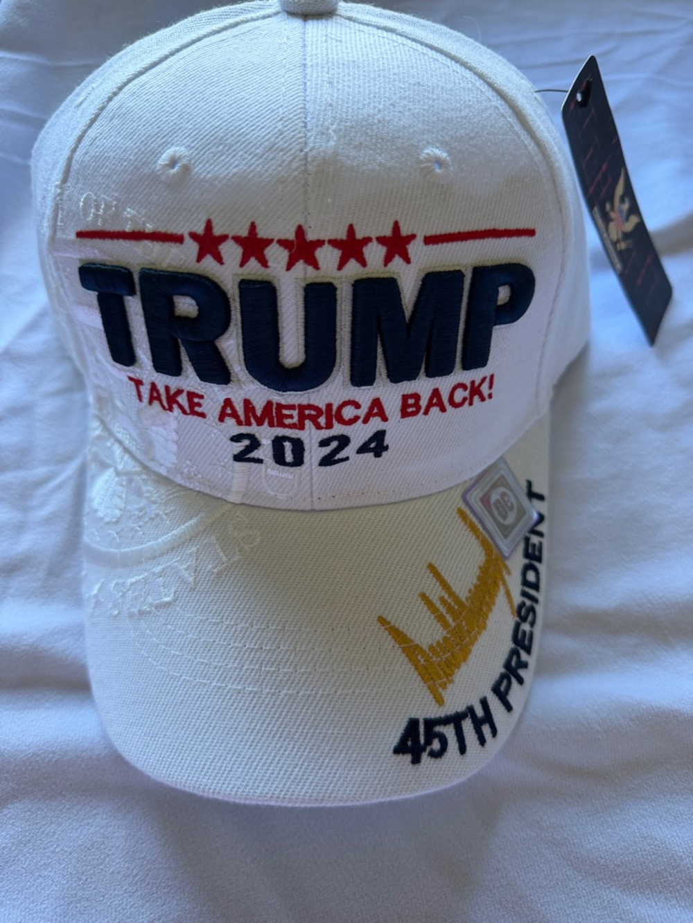 Trump 2024 Embroidered White Baseball Cap - Red & Navy Accents